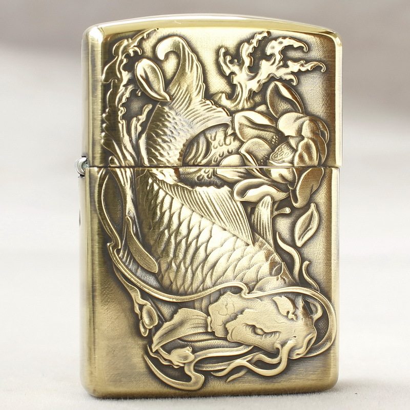 zippo煤油打火机官正品美国芝宝黄铜金色盔甲浮雕荷花鲤鱼富贵鱼
