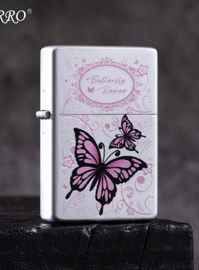 zorro佐罗正品砂轮煤油打火机铜壳子平头款银色锻砂刻紫色梦蝴蝶