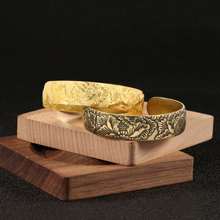 纯黄铜复古法手工匠作旧典藏艺术古典大莲花宽边手镯镯子开口饰品