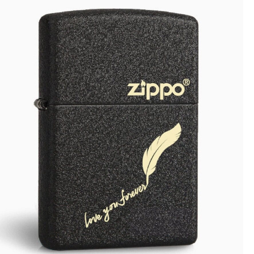 zippo煤油打火机官正品美国芝宝皱纹裂漆黑色磨砂刻羽毛笔记艺术