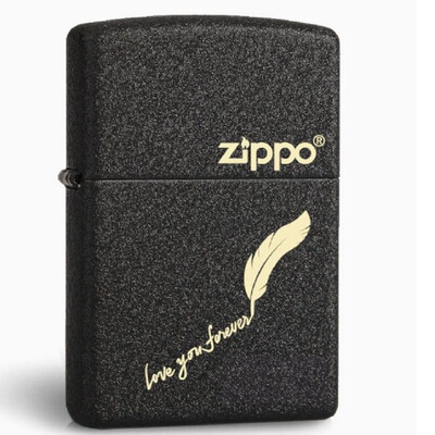 zippo煤油打火机官正品美国芝宝皱纹裂漆黑色磨砂刻羽毛笔记艺术