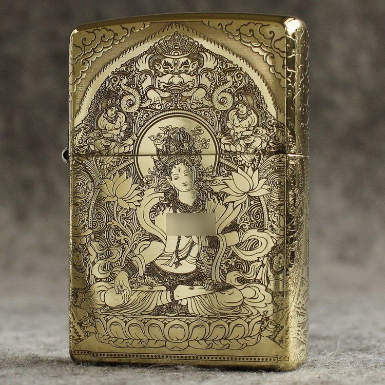 zippo煤油打火机官正品美国芝宝黄铜盔甲环绕蚀刻白度母 观音菩萨