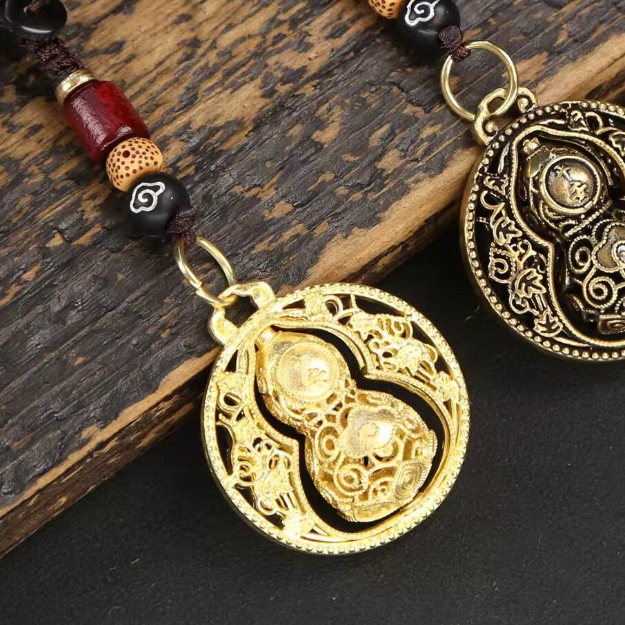 纯黄铜复古法手工匠作旧典藏艺术金色镂空转葫芦汽车钥匙扣挂件包