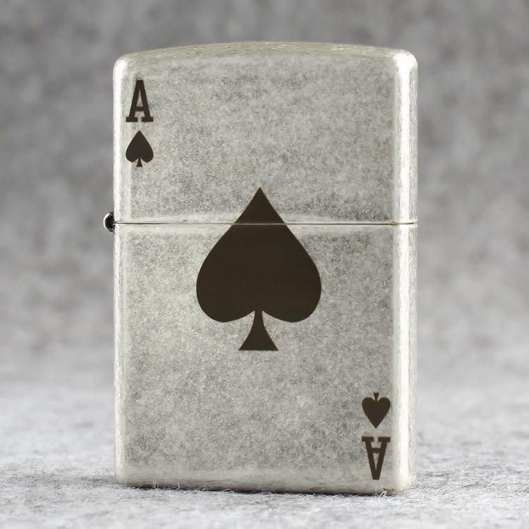 zippo煤油打火机官正品美国芝宝复古银色滚花蚀刻扑克牌黑桃A标志