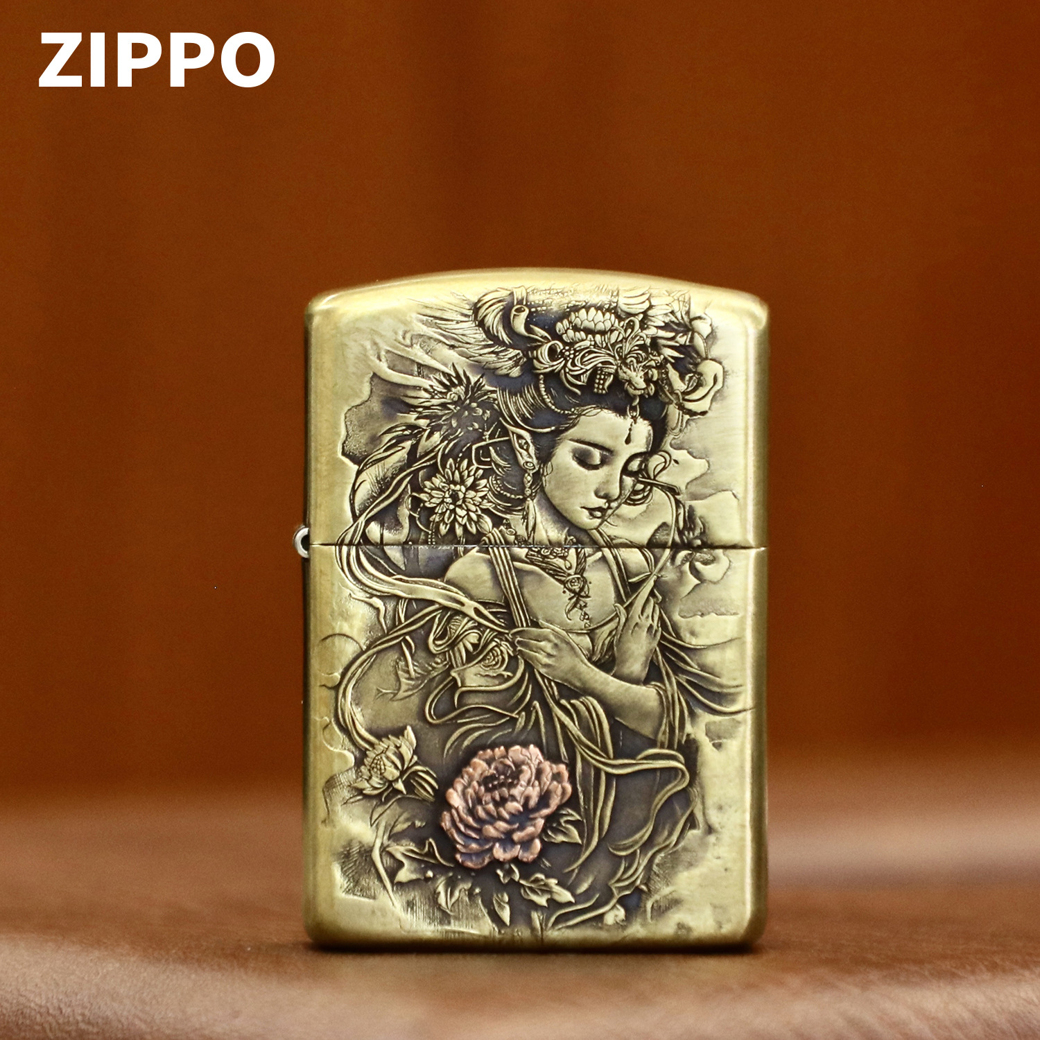 zippo煤油打火机官正品美国芝宝盔甲复古铜镶嵌风花雪月美女神礼