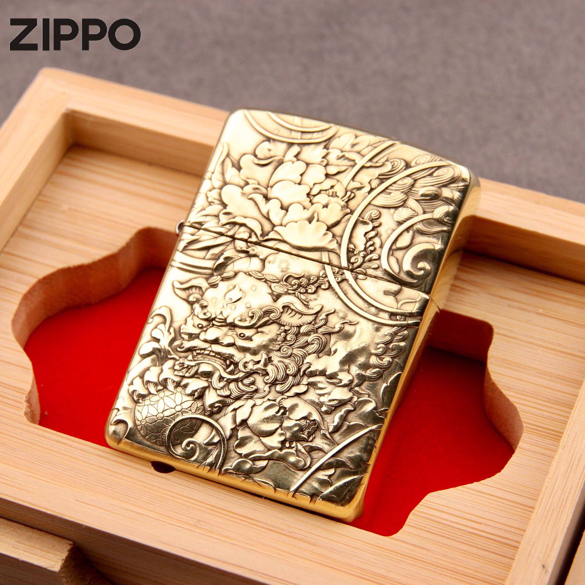 zippo煤油打火机官正品美国芝宝金色盔甲浮雕国潮神兽狮子绣球图