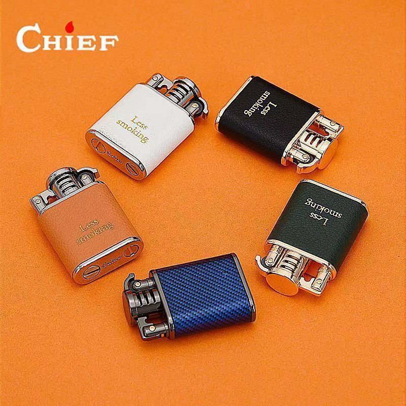 chief首领正品新款砂轮防风煤油打火机超薄翻盖彩色皮质柔软商务