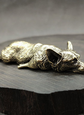 纯铜可爱小威尔士柯基犬黄铜实心趴趴狐家居茶宠镇纸文玩个性摆件