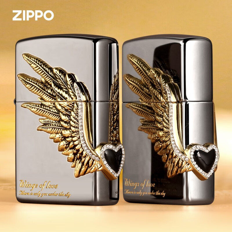 zippo煤油打火机防风砂轮官正品芝宝美国原版旋转爱情之翼翅黑冰