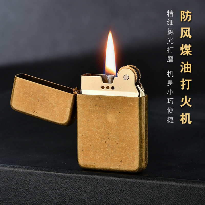 chief首领正品新款砂轮防风煤油打火机黄铜超薄迷你圆角金银色花