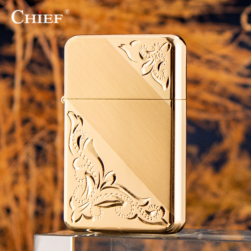 Chief首领正品新款纯铜砂轮防风煤油打火机超薄古风雕花典雅商务