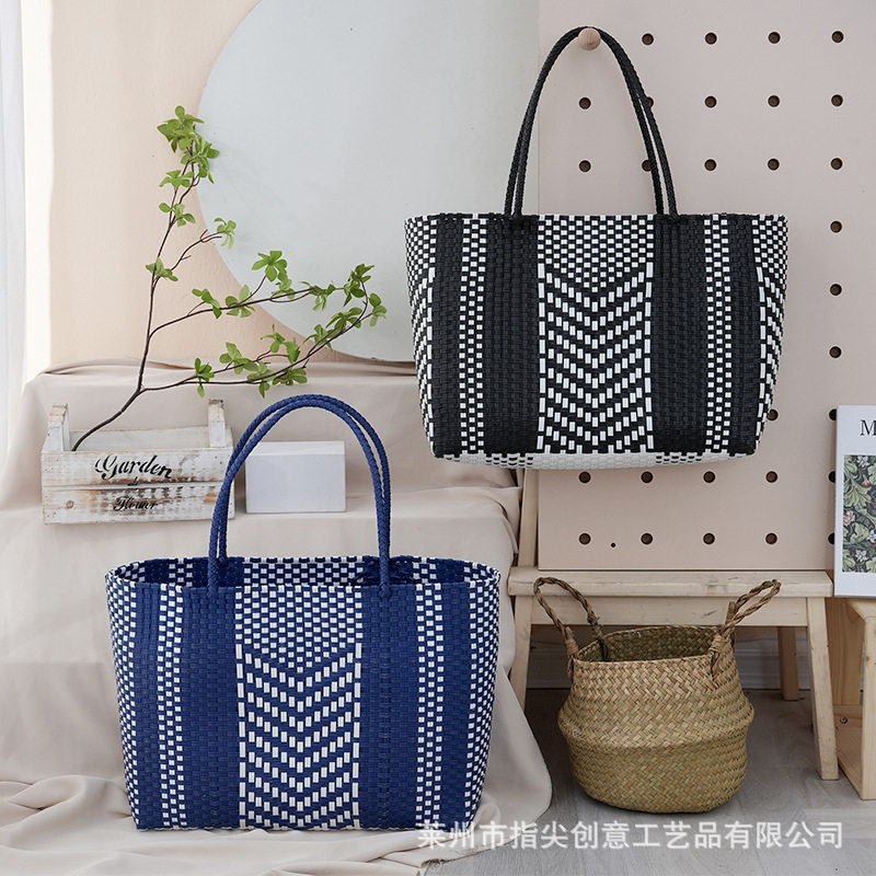 夏季条纹塑料编织大容量菜篮包