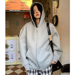 重磅450G连帽拉链纯色卫衣男女oversize宽松加绒开衫 情侣上衣外套