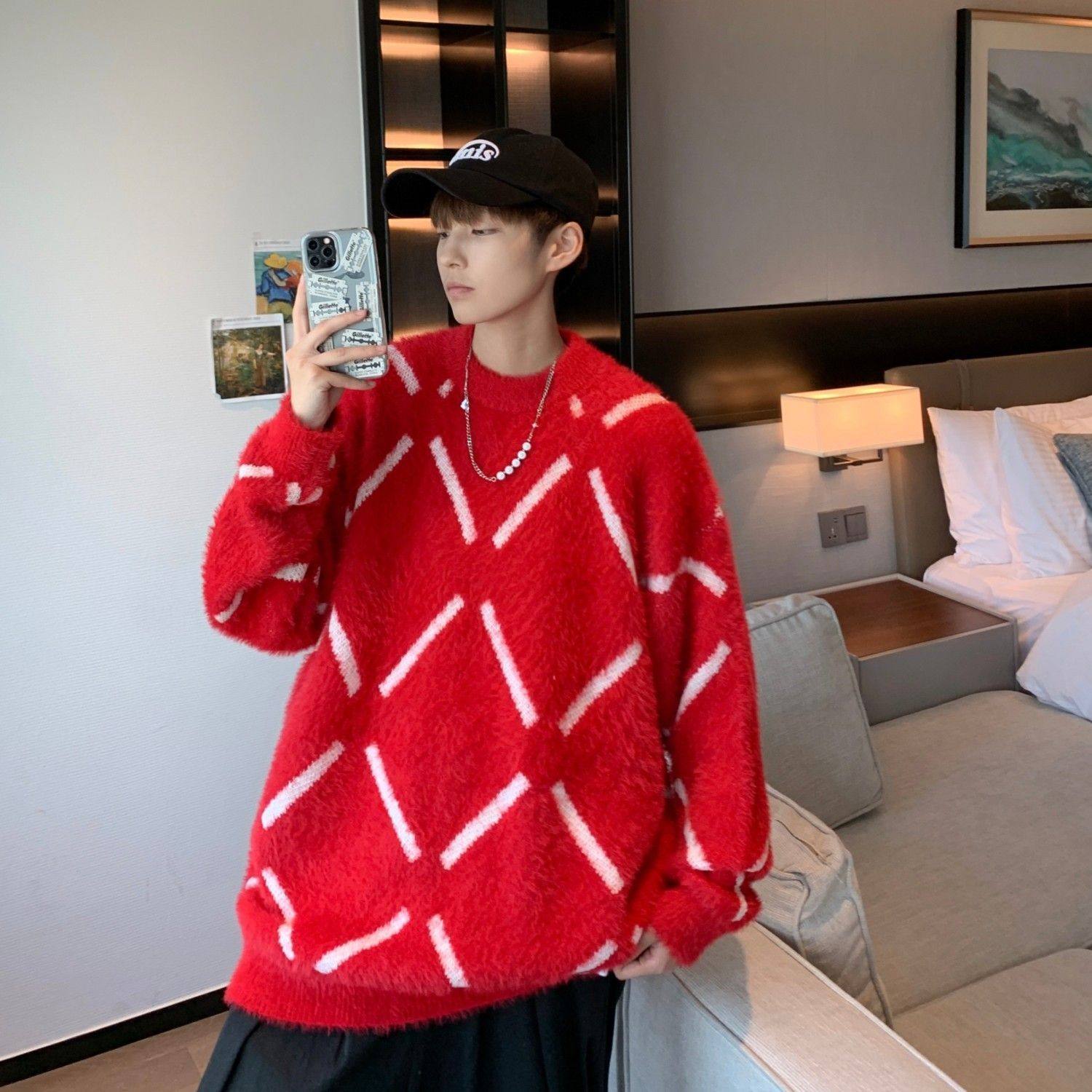 2024秋冬格子毛衣男韩版新款套头潮流宽松毛线衣加厚情侣款针织衫