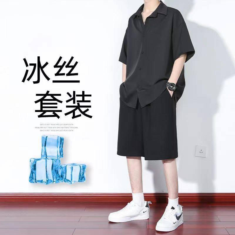 日系夏季冰丝套装男生韩版休闲宽松短袖衬衫搭配五分短裤一套男装
