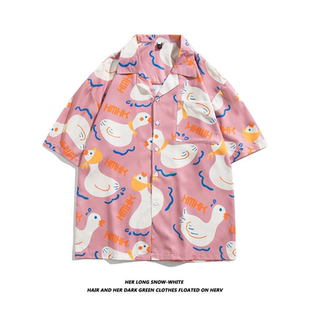 短袖衬衫少年感男女初中学生夏天衣服印花衬衣不透港风宽松半袖潮