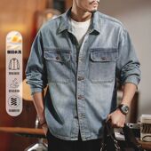 长袖 牛仔外套衬衫 上衣潮牌 重磅宽松耐磨美式 复古工装 男新款 春秋季