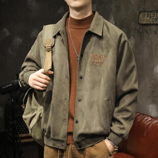 鹿皮绒翻领夹克男2023春秋新款美式复古潮牌宽松休闲帅气开衫外套