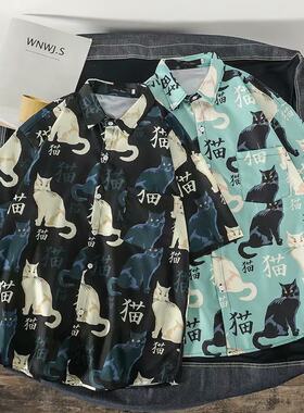 网红猫咪印花韩版潮流短袖衬衫