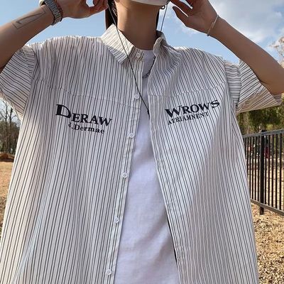 方领条纹衬衫条纹衬衫男短