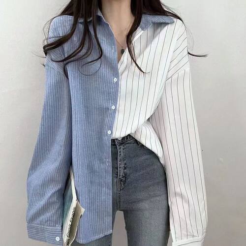 春秋新款减龄复古小众设计感撞色条纹衬衣女特大码300斤休闲上衣