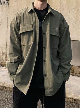 军绿色灯芯绒衬衫男春季日系复古大码宽松薄款叠穿外套休闲上衣潮