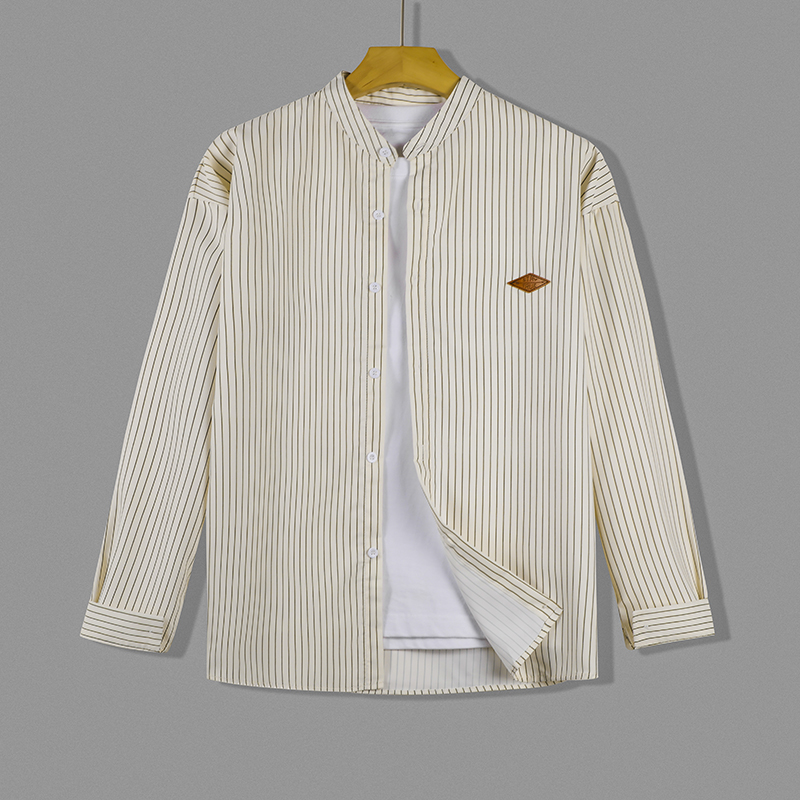 工装日系复古竖细条纹立领长袖衬衫男宽松廓形休闲棒球衬衣外套男