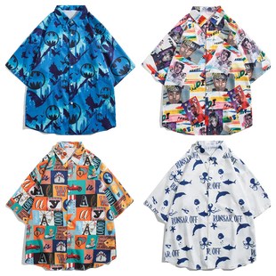 夏季新款日系复古趣味卡通满印情侣街头个性花衬衣短袖宽松衬衫男