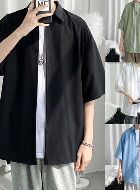 港风垂感冰丝衬衫男短袖宽松黑色感夏季薄款ins痞帅休闲衬衣