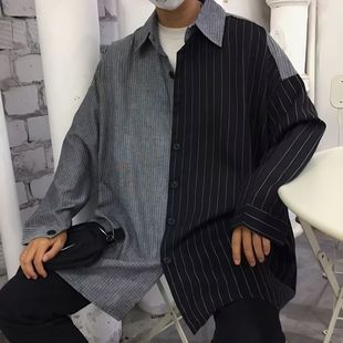 痞帅设计感小众衬衣潮衬衫 男撞色拼接韩版 条纹衬衫 潮流不对称长袖