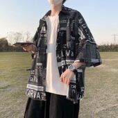 衬衫 男潮流百搭宽松报纸衬衣夏季 潮牌韩版 2022港风短袖 七分袖 外套