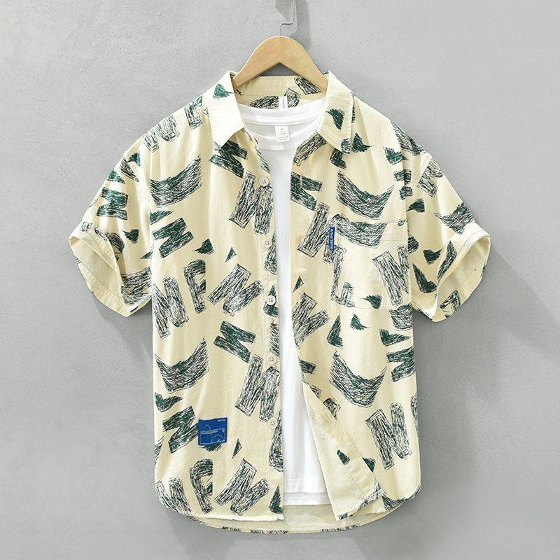 夏季新款男士短袖衬衫男士个性宽松印花工装衬衣字母外穿百搭上衣
