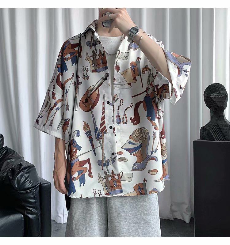 衬衫男港风短袖复古印花衬衣春夏薄款垂感痞帅休闲半袖上衣外套潮