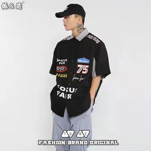 棒球服五分袖男T恤夏季韩版潮牌痞帅嘻哈机车港风宽松短袖刺绣衣