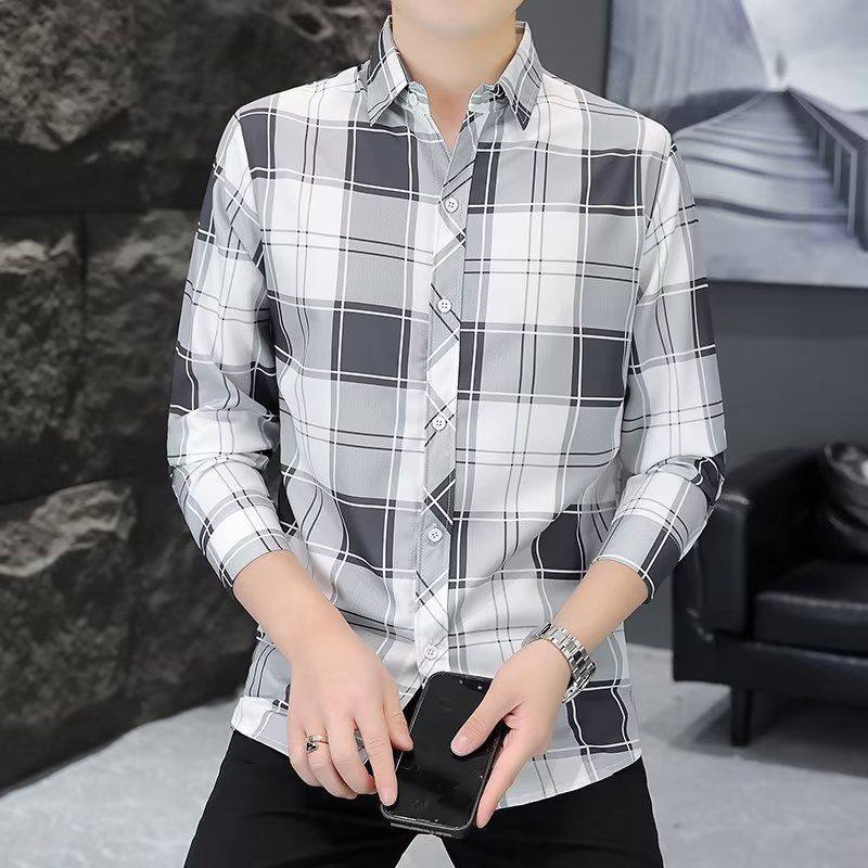 2023新款秋季男装休闲韩版修身百搭潮流高级感男长袖格子衬衫上衣,男装,衬衫,淘宝优惠券,粉丝福利购,淘宝优惠卷