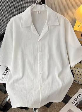 港风复古纯色古巴领短袖衬衫男款夏季潮牌宽松休闲百搭情侣衬衣潮