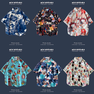 新款 衬衫 韩版 情侣衬衣上衣宽松短袖 男潮 ins港风复古碎花薄款 夏季