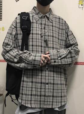 方领长袖格子格子衬衫男港