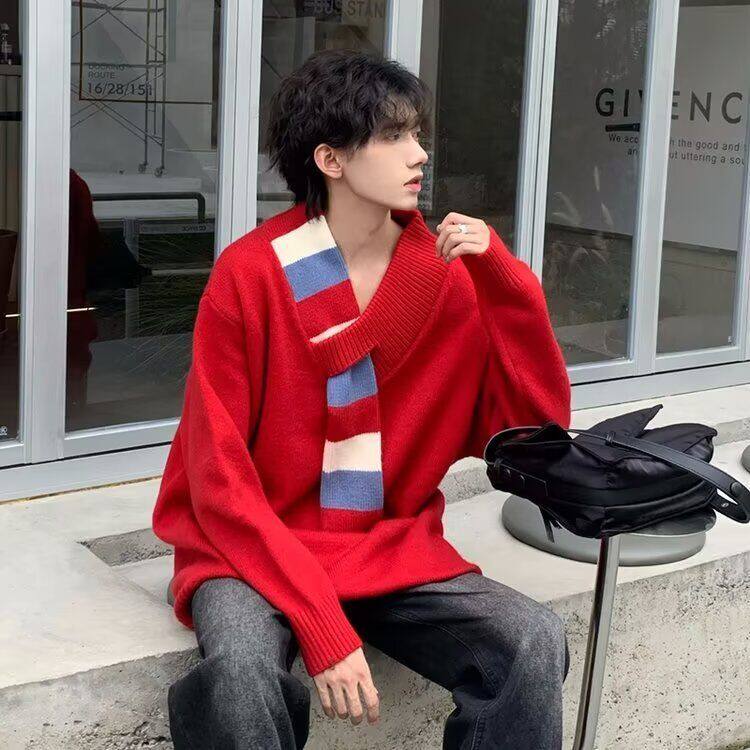 国潮个性假围巾设计感V领毛衣外套男女秋冬季韩版宽松情侣针织衫