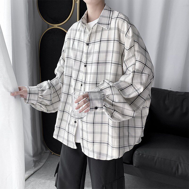 格子衬衫男夏季港风韩版潮流宽松长袖衬衣学生休闲帅气外套寸衬衣