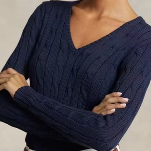 妞妞家秋季新品女士经典老钱风复古麻花V领长袖纯棉套头毛衣8620