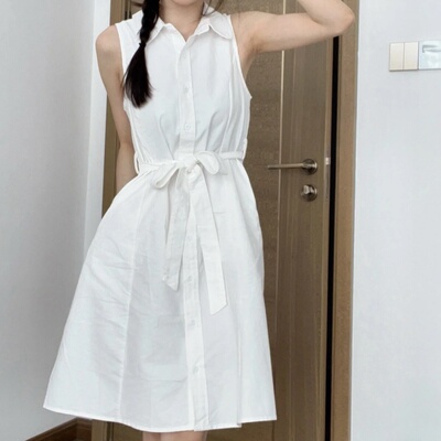 妞妞家夏季新品女士纯棉白月光初恋翻领无袖连衣裙9002