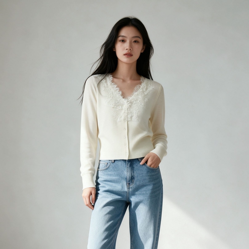 妞妞羊毛蕾丝V领针织开衫女短款收腰温柔风拼接睫毛花边上衣8882