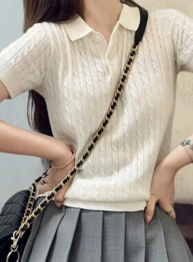 妞妞家夏季新品女士简约Polo领老钱风麻花经典百搭针织T恤8767