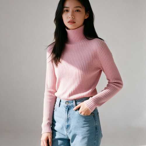 妞妞家羊毛高领针织打底衫女竖坑条修身内搭软糯长袖毛衣秋冬8771