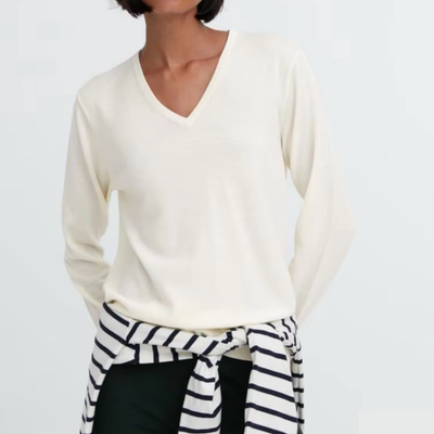 妞妞家春季新品女士TH简约V领经典百搭美利奴羊毛套头针织衫8672