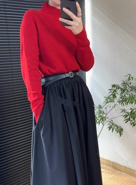 妞妞家秋冬新品女士TH简约半高领棉羊毛中国红百搭套头针织8622