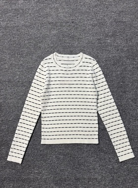 妞妞家春季新品女士圆领小香风条纹圆领长袖高弹显瘦针织衫86405