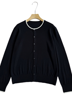 妞妞家春季新品女士简约圆领美利奴羊毛撞色长袖百搭针织开衫8661