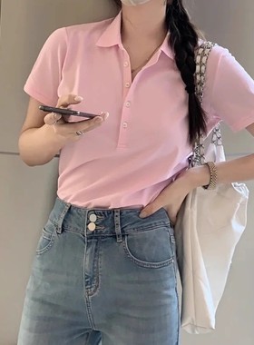 妞妞家夏季新品女士经典POLO领五粒扣纯棉短袖老钱风套头衫8645